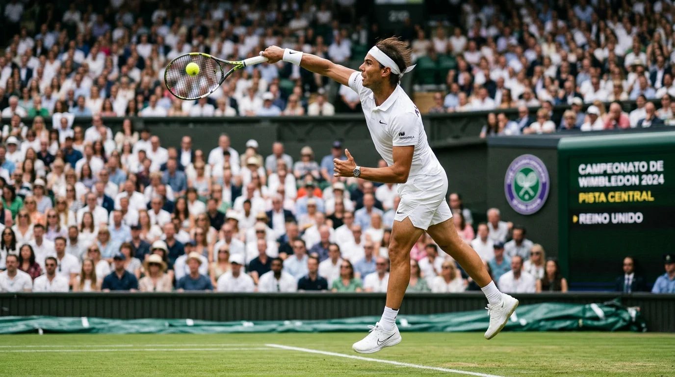 Tenista profesional golpeando un saque potente en la pista de hierba de Wimbledon