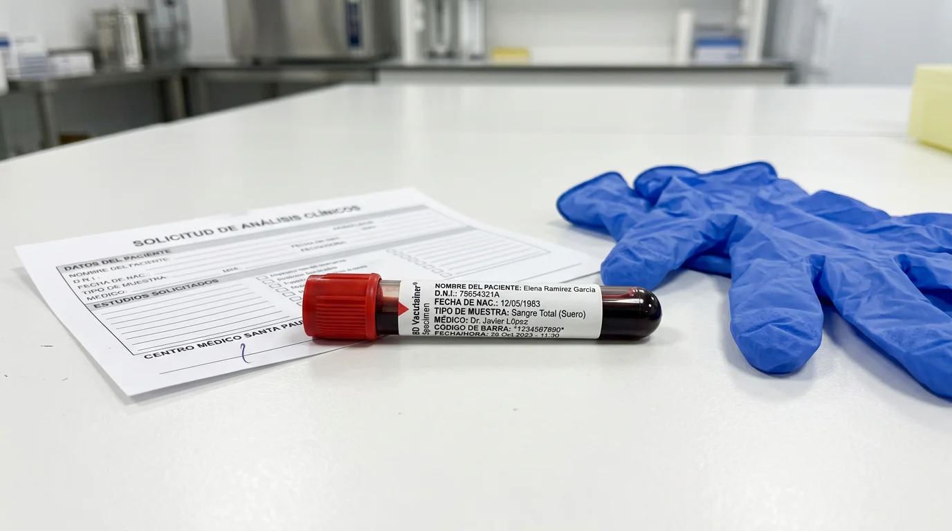 Tubo de muestra médica y formulario sobre una mesa de laboratorio
