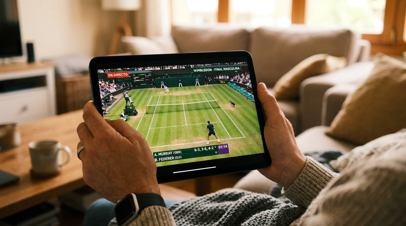 Persona viendo un partido de tenis de Wimbledon en un dispositivo portátil