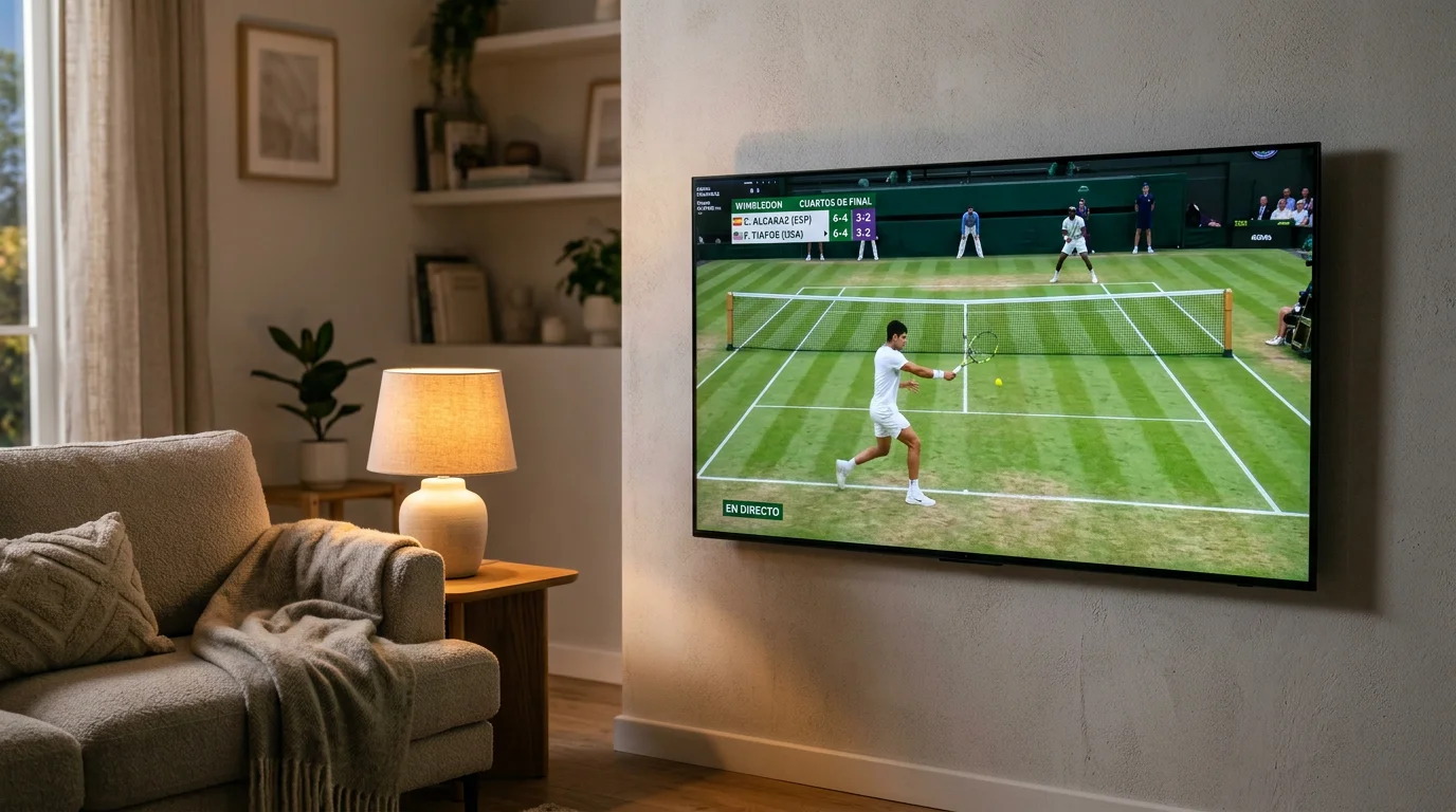 Televisor en un salón mostrando un partido de tenis sobre hierba