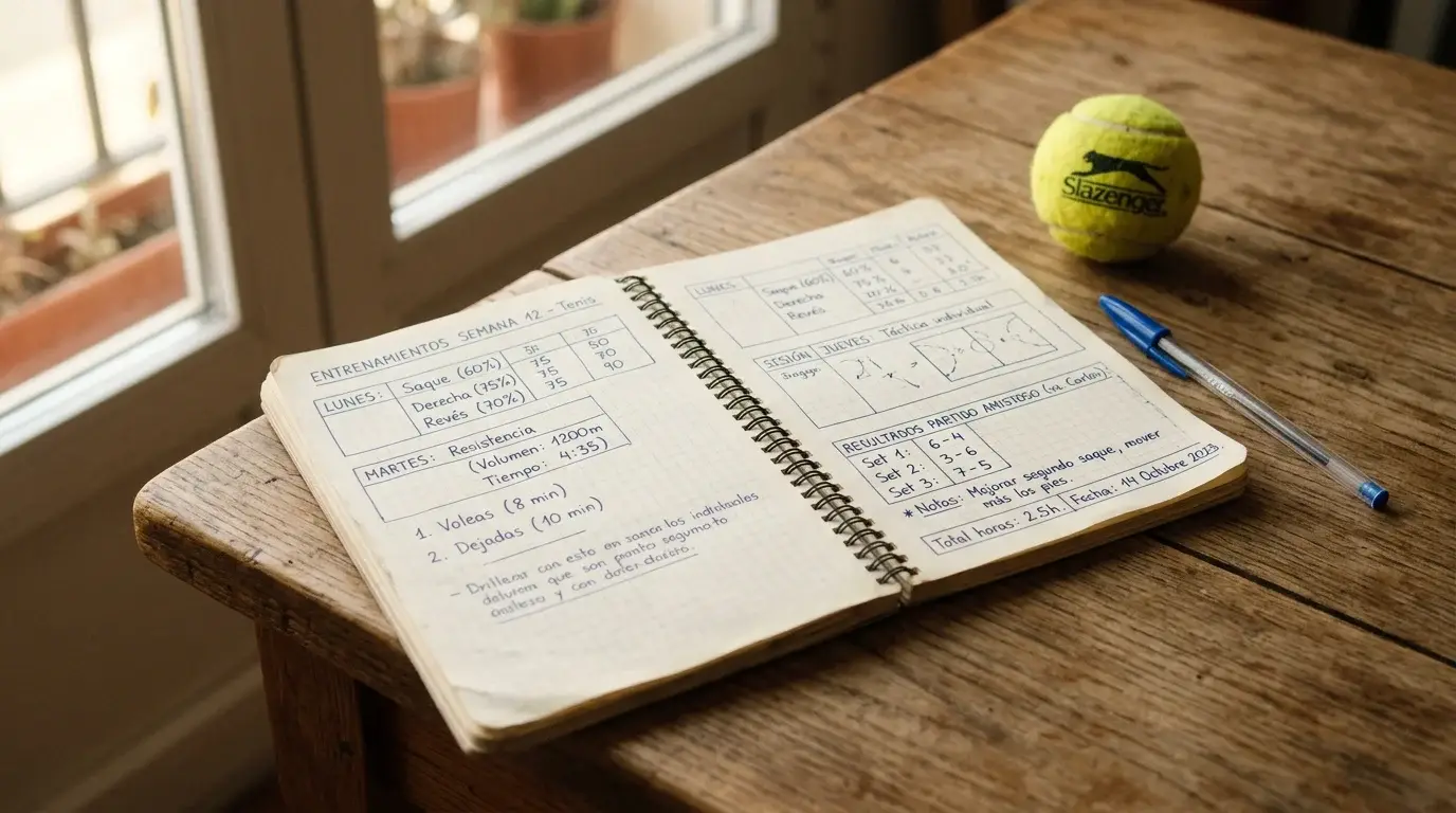 Cuaderno abierto con anotaciones manuscritas junto a una pelota de tenis