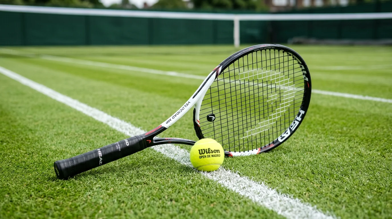 Raqueta de tenis y pelota amarilla sobre la hierba verde de una pista profesional