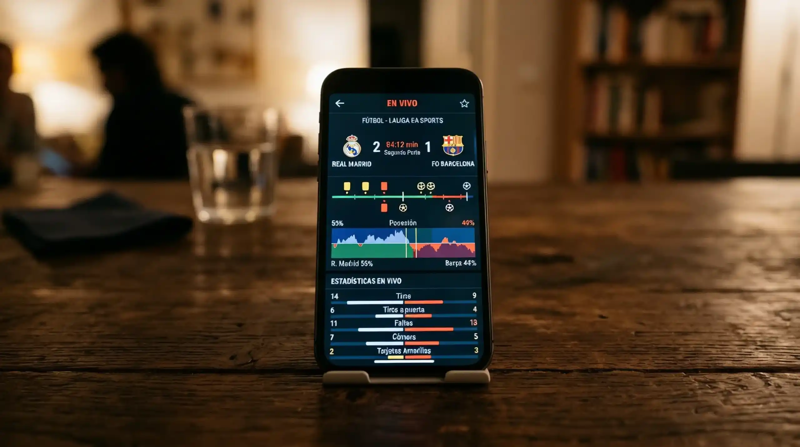 Teléfono móvil sobre una mesa mostrando una interfaz de seguimiento de partido en directo