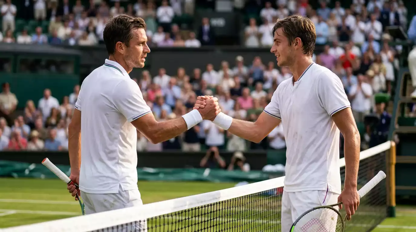 Dos tenistas profesionales saludándose en la red tras un partido en pista de hierba de Wimbledon