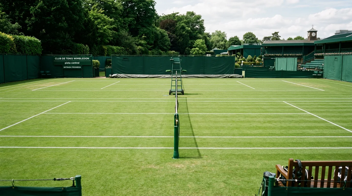 Vista general de una pista de tenis de hierba con líneas blancas y red en Wimbledon