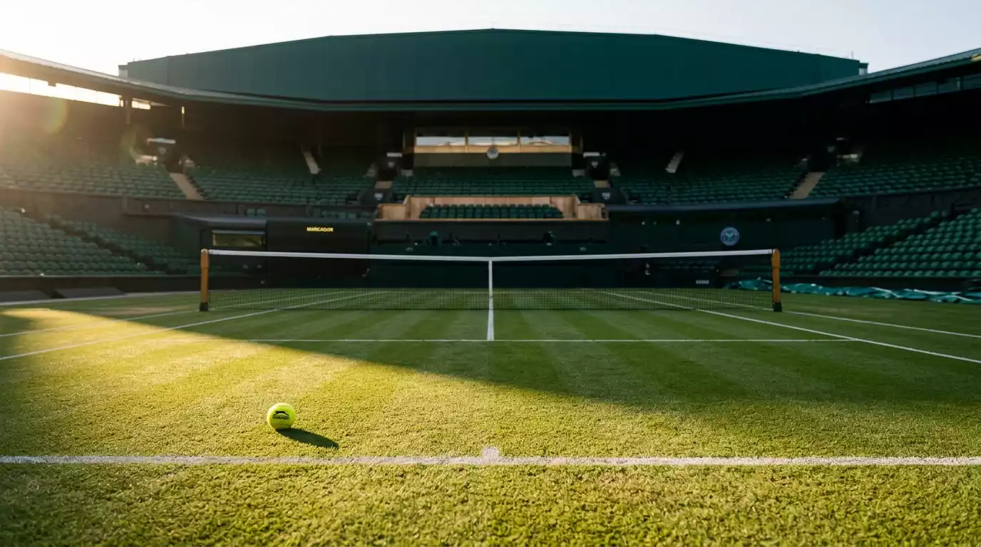Vista panorámica de Centre Court de Wimbledon al atardecer con la hierba recién cortada