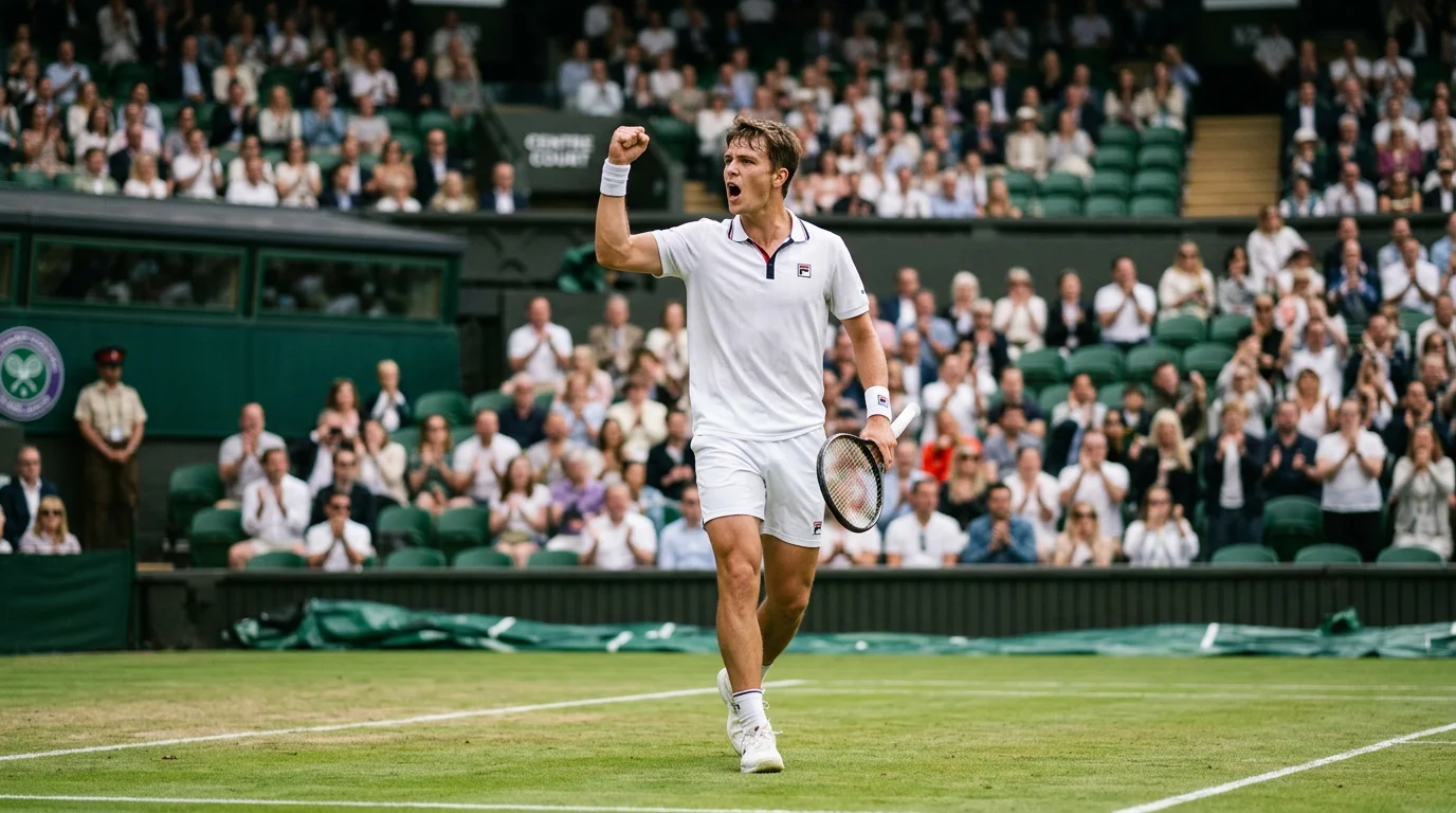 Carlos Alcaraz celebrando un punto en Wimbledon con el Centre Court al fondo