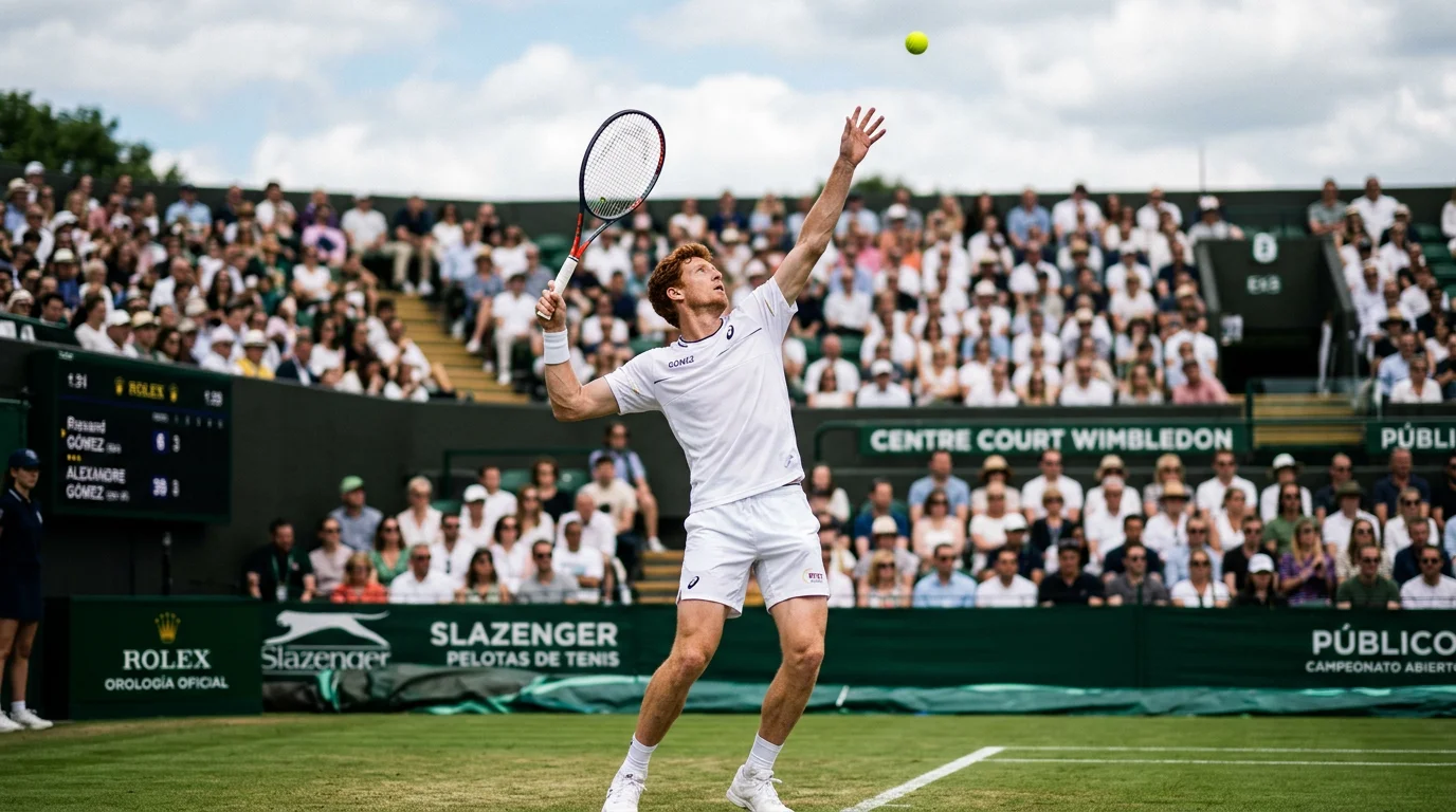 Jannik Sinner ejecutando un saque en la pista central de Wimbledon