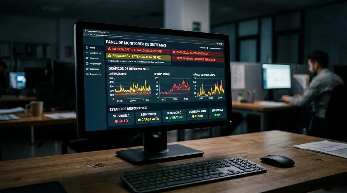 Pantalla de ordenador mostrando un panel de datos con alertas destacadas