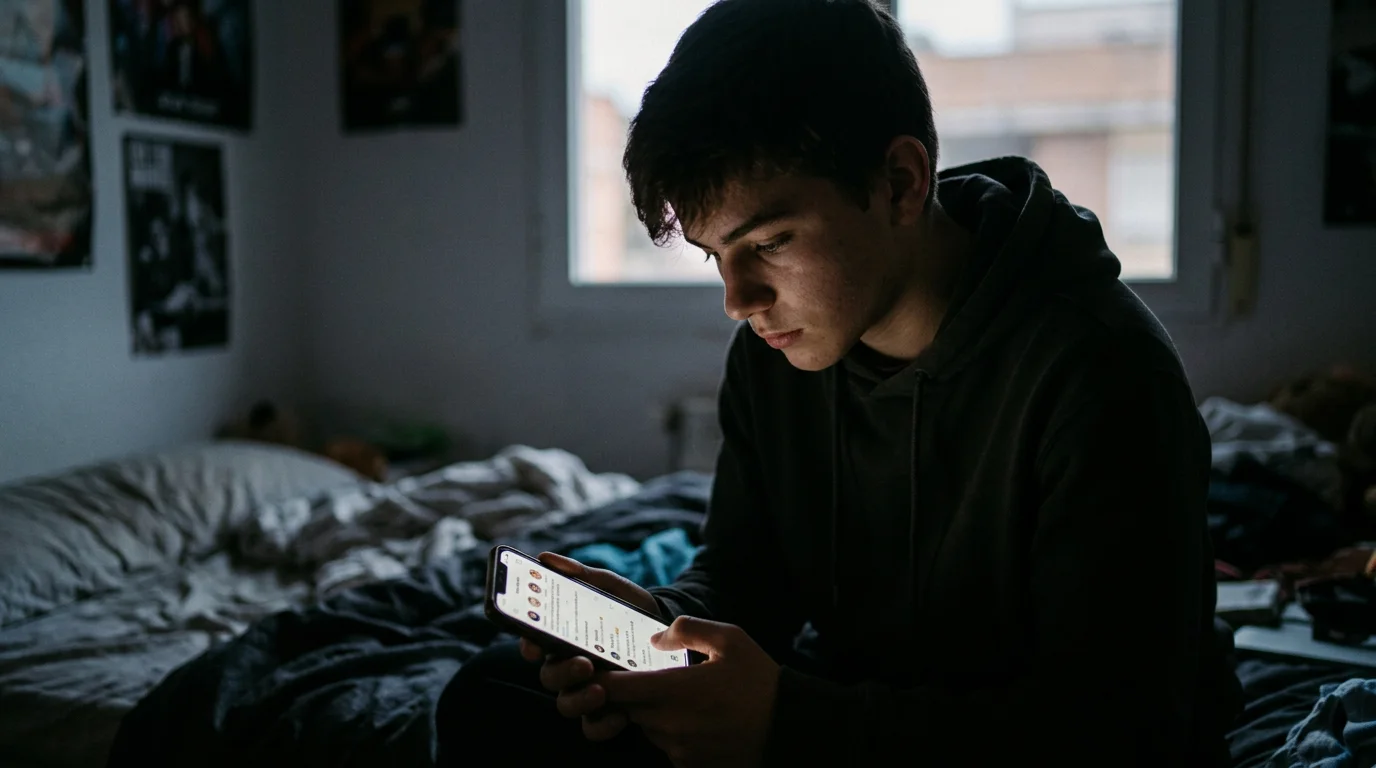 Adolescente mirando pensativamente la pantalla de un teléfono móvil