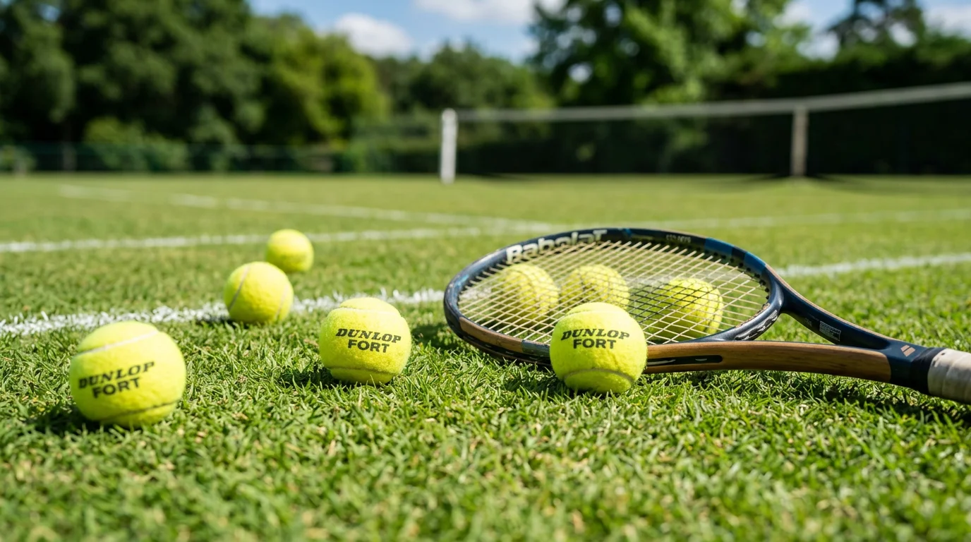 Pelotas de tenis amarillas sobre una pista de hierba junto a una raqueta