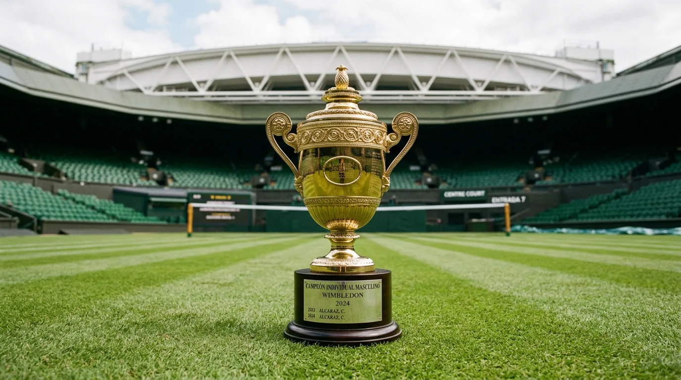 Trofeo dorado de Wimbledon sobre la hierba del Centre Court
