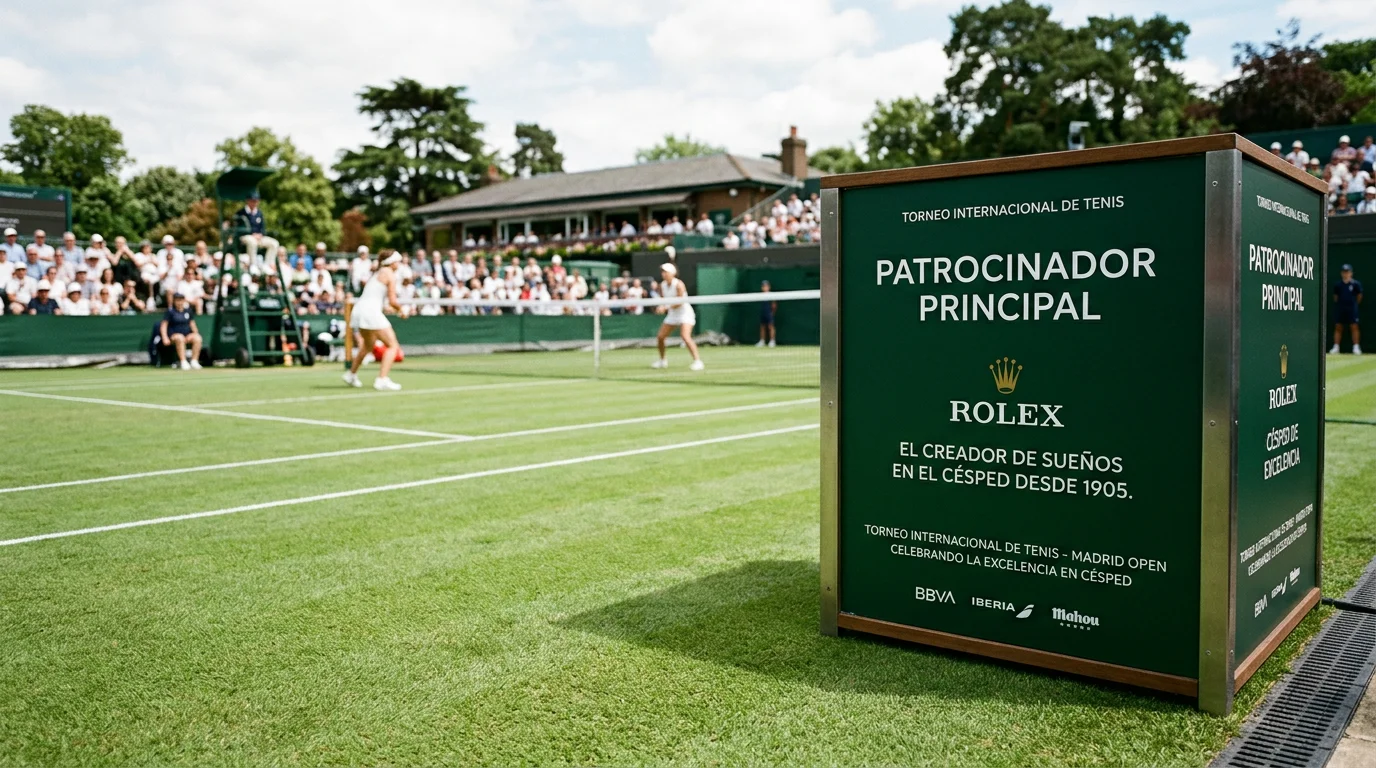 Valla publicitaria de patrocinador oficial junto a una pista de tenis de hierba