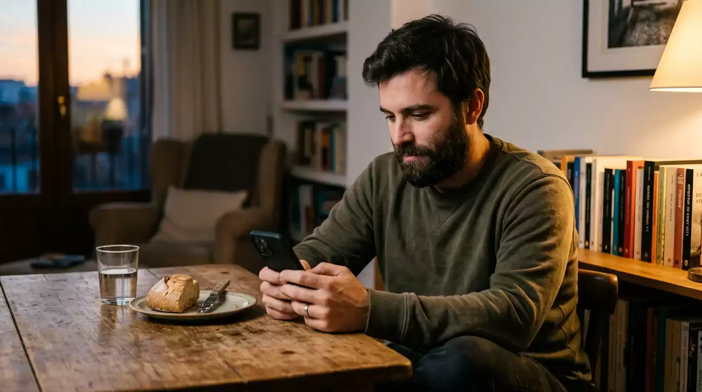 Persona adulta con expresión reflexiva mirando la pantalla de un teléfono móvil en un entorno doméstico iluminado