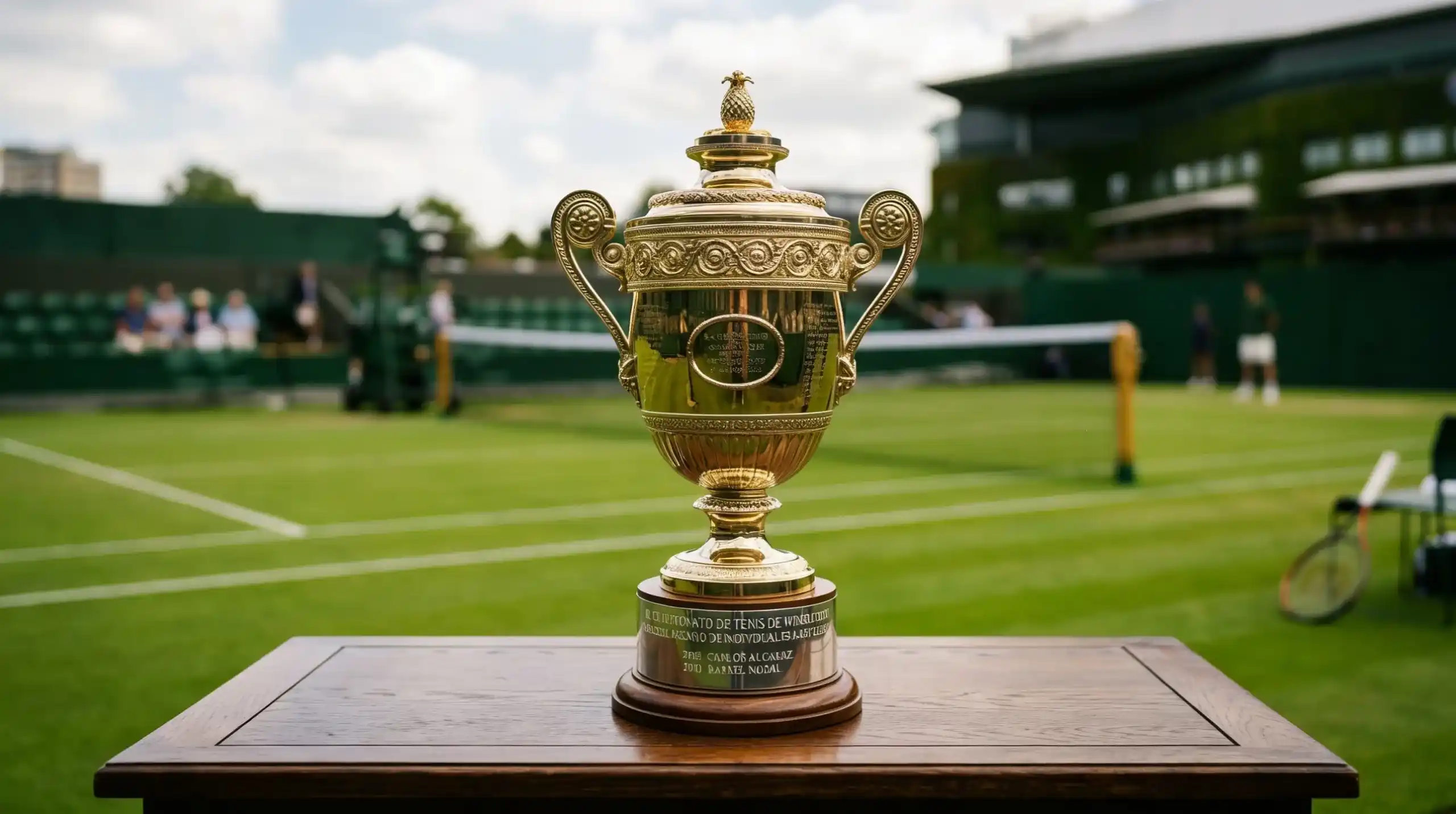 Trofeo de Wimbledon sobre una mesa con la pista de hierba al fondo