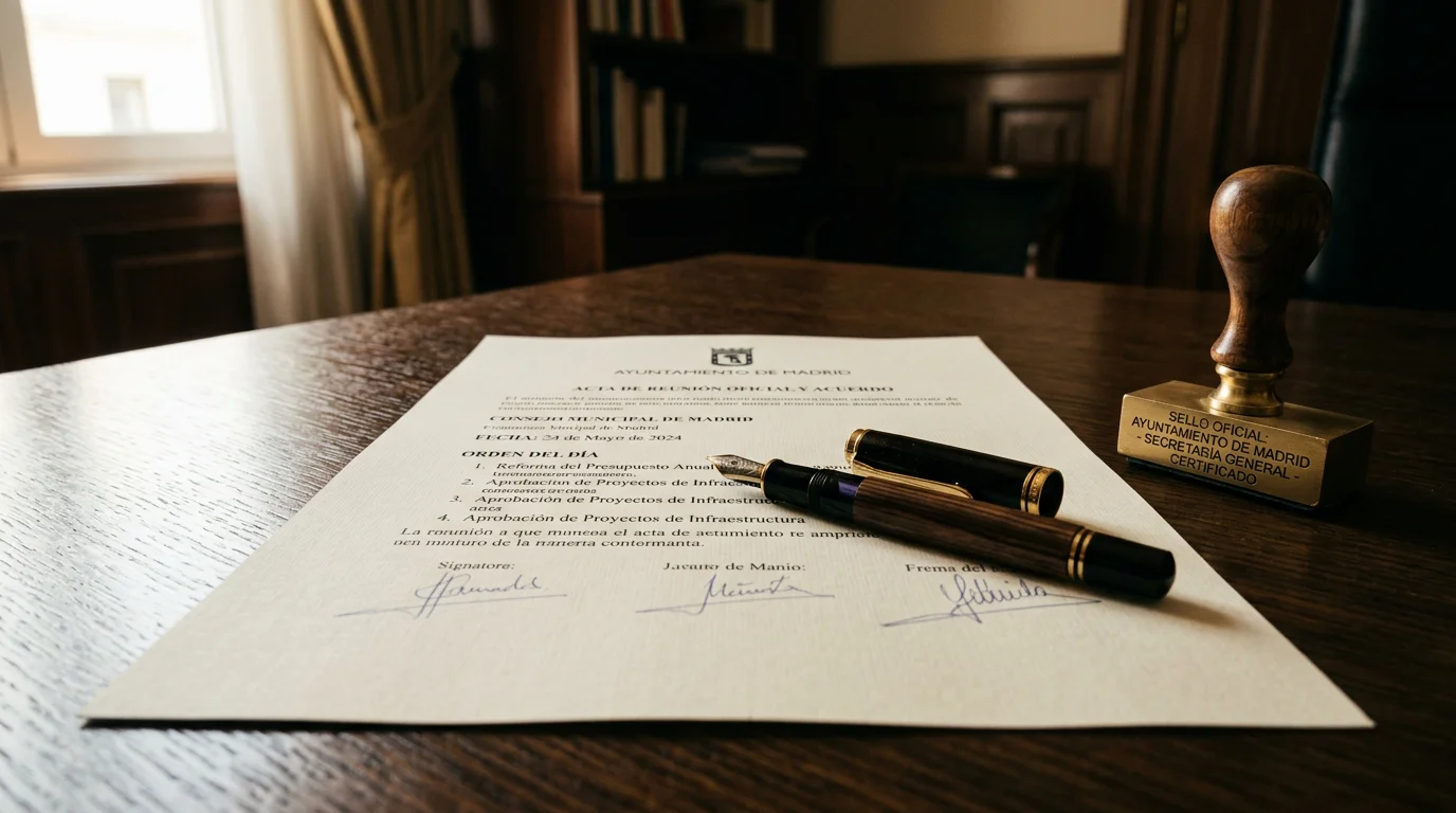 Documento legal sobre una mesa con un sello oficial y una pluma