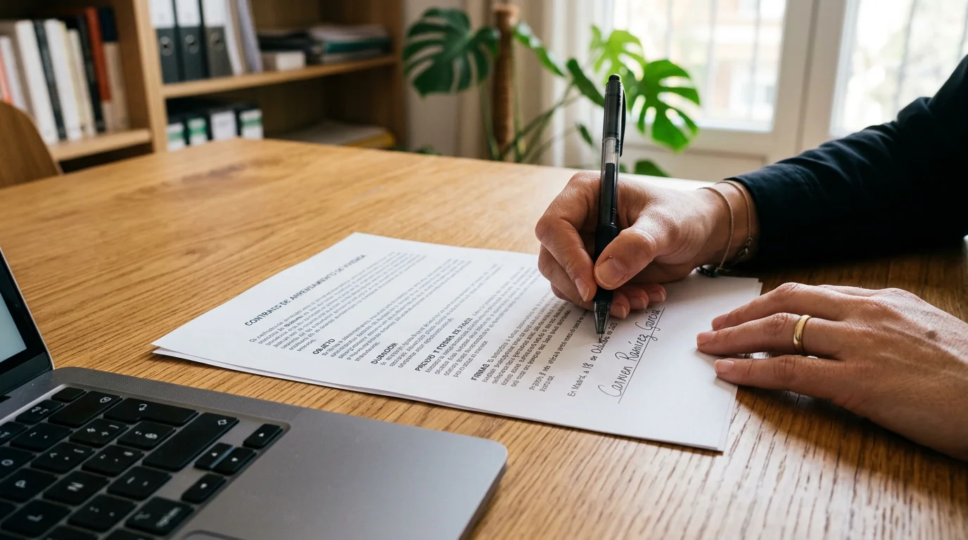 Mano escribiendo una firma en un formulario impreso sobre una mesa