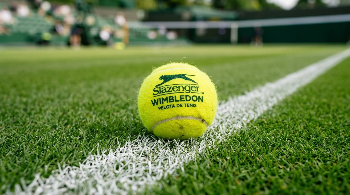Detalle cercano de la hierba de una pista de tenis de Wimbledon con una pelota amarilla
