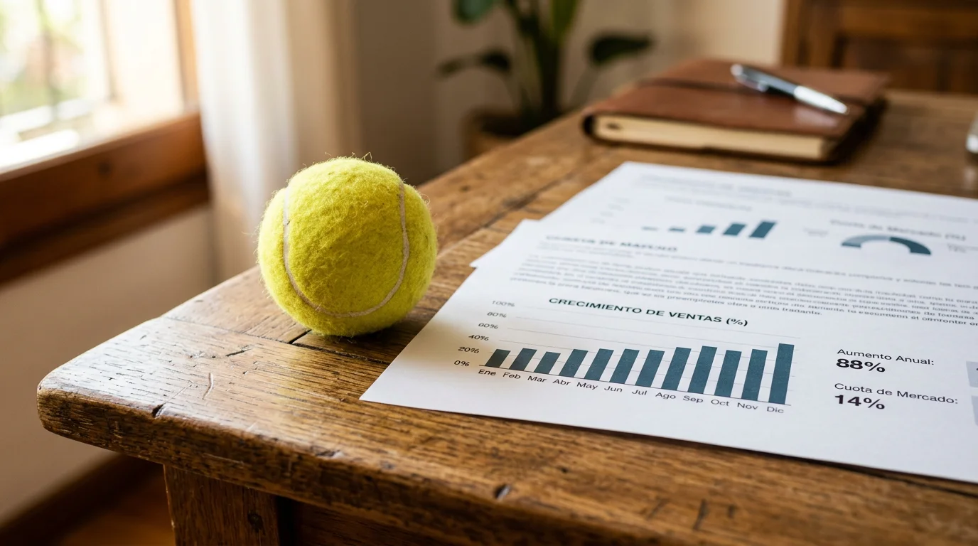 Pelota de tenis amarilla sobre una mesa junto a documentos con gráficos