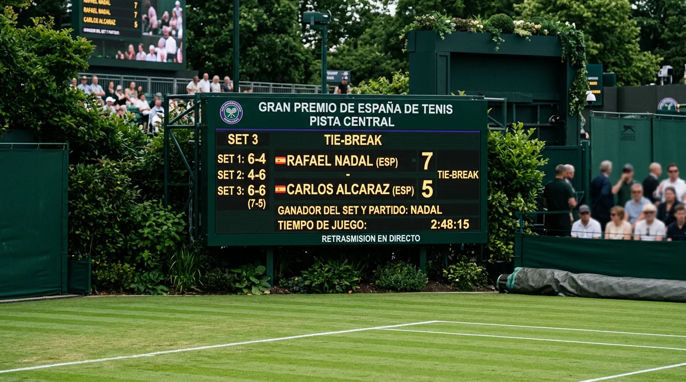 Marcador electrónico de una pista de Wimbledon mostrando un tie-break en curso