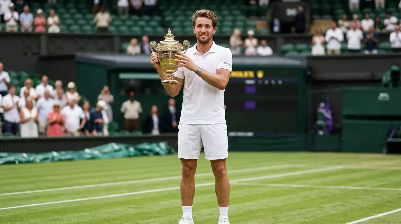Tenista masculino besando el trofeo del campeonato de Wimbledon sobre la hierba de Centre Court