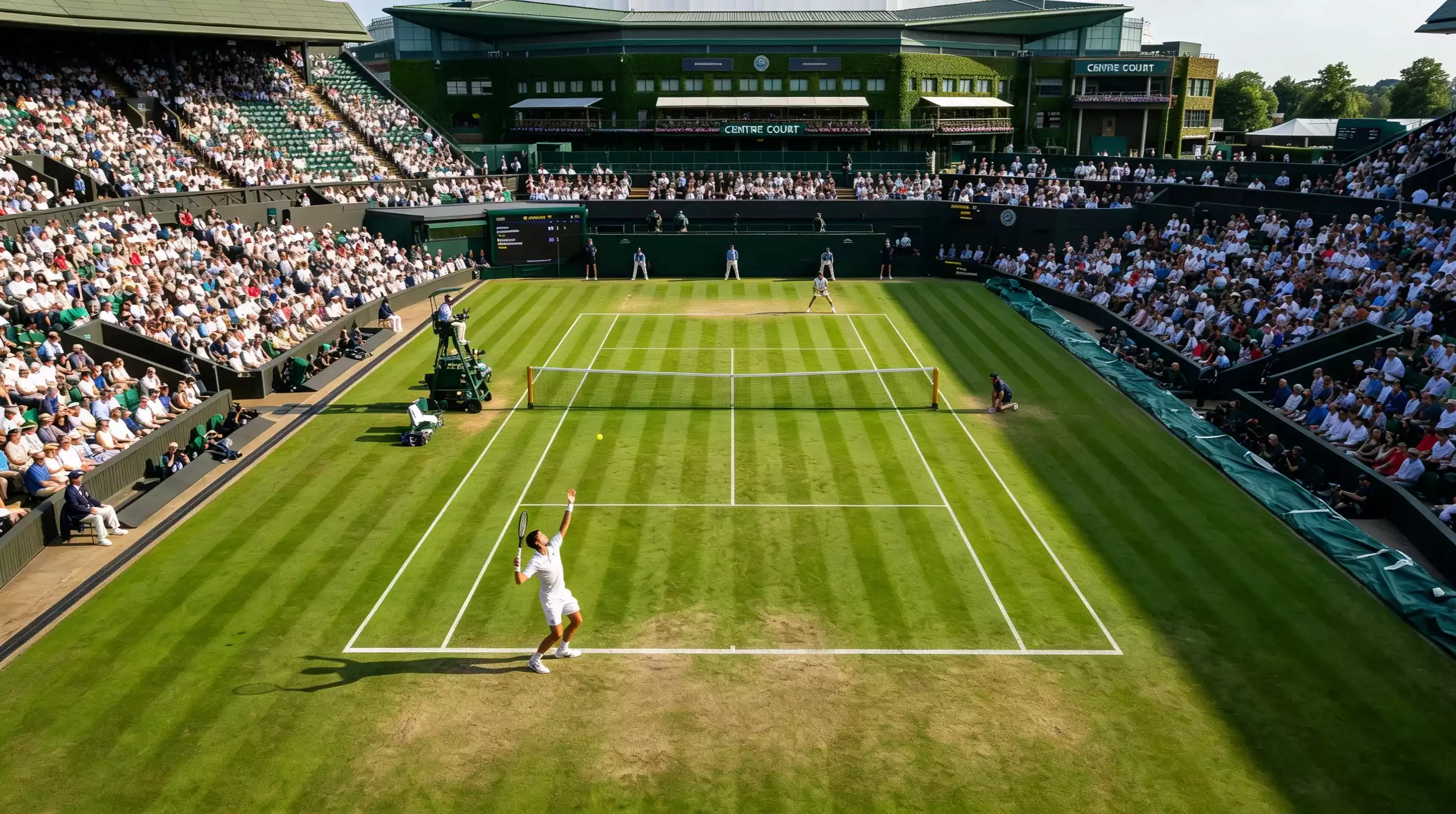 Vista cenital de un partido en disputa en pista central de Wimbledon con la iluminación natural del atardecer